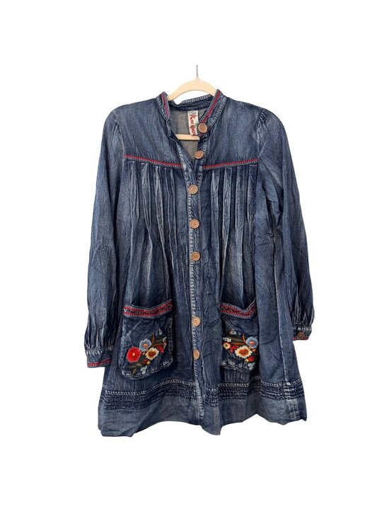 Keer Qibown Jackets & Blazers - Keer Qibown Embroidered Denim Tunic Jacket Floral Pockets & Button Front Size S